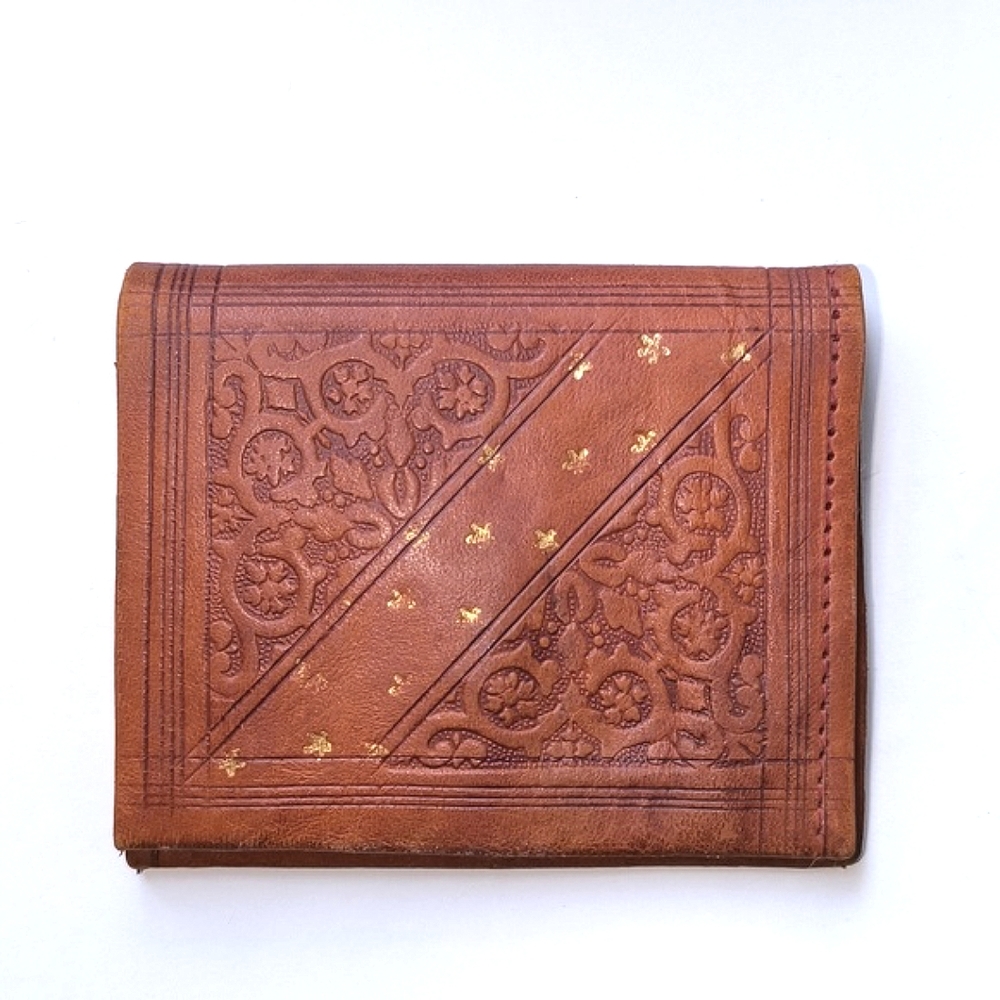 Embossed Tan Leather Credit Card Holder Bifold Wallet
